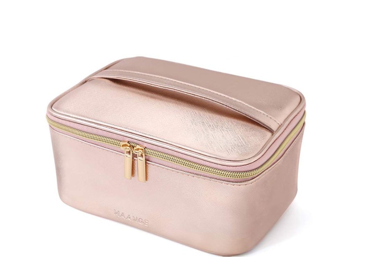 Dluxe Ave. 3 Pcs Large Travel Cosmetic Bag Organizer with Gold Zipper/ Waterproof Toiletry / Rose Gold