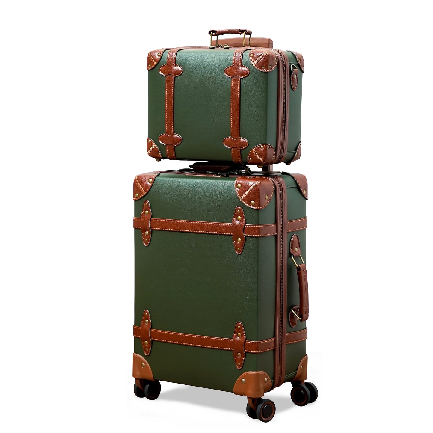 Dluxe Ave. Vintage Luggage Sets of 2 with Boarding Tote/ Handmade Faux Leather/ TSA Approved (Green) 14inch & 28inch