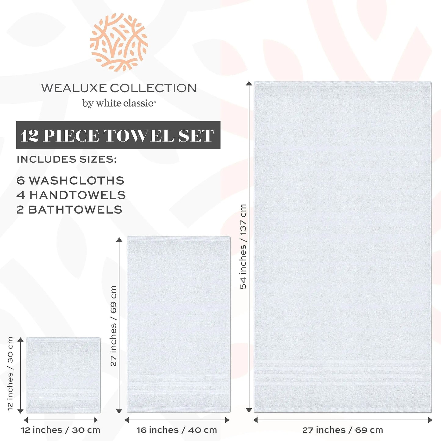 Dluxe Ave. 12 Pcs Bath Towel Set for Bathroom 100% Cotton Soft and Plush Highly Absorbent