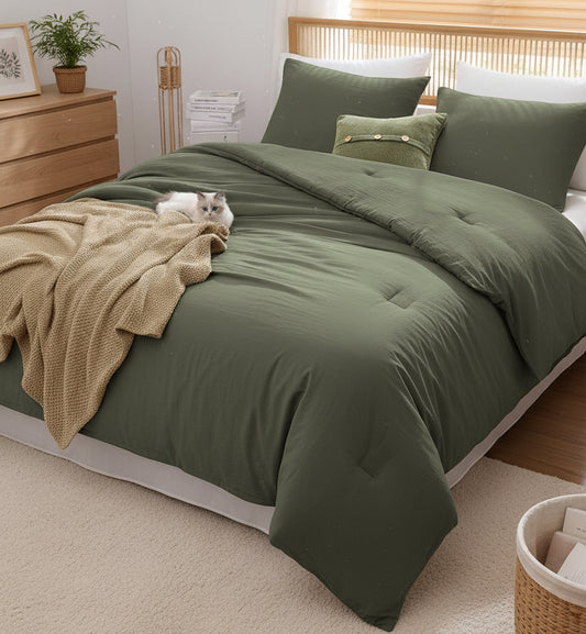 Dluxe Ave. (QUEEN) 3Pcs Comforter Set/ Soft Fluffy for All Seasons/ Olive Green