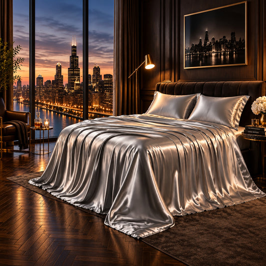 Dluxe Ave. (QUEEN) 4 Piece Luxury Silky Satin Bed Sheets Set/ Light Grey