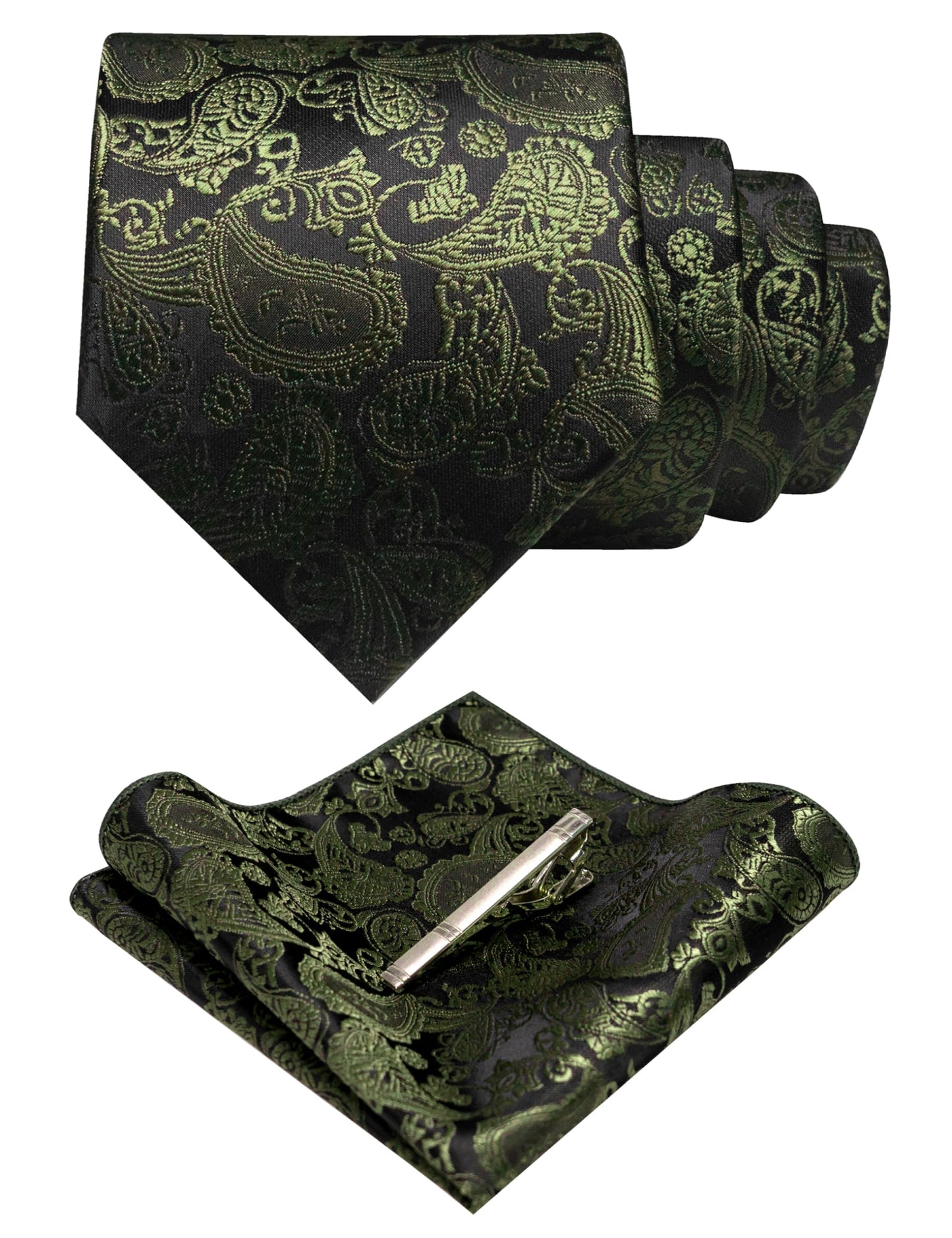 Dluxe Ave. Mens Olive Green Paisley Necktie and Pocket Square with Tie Clip Sets