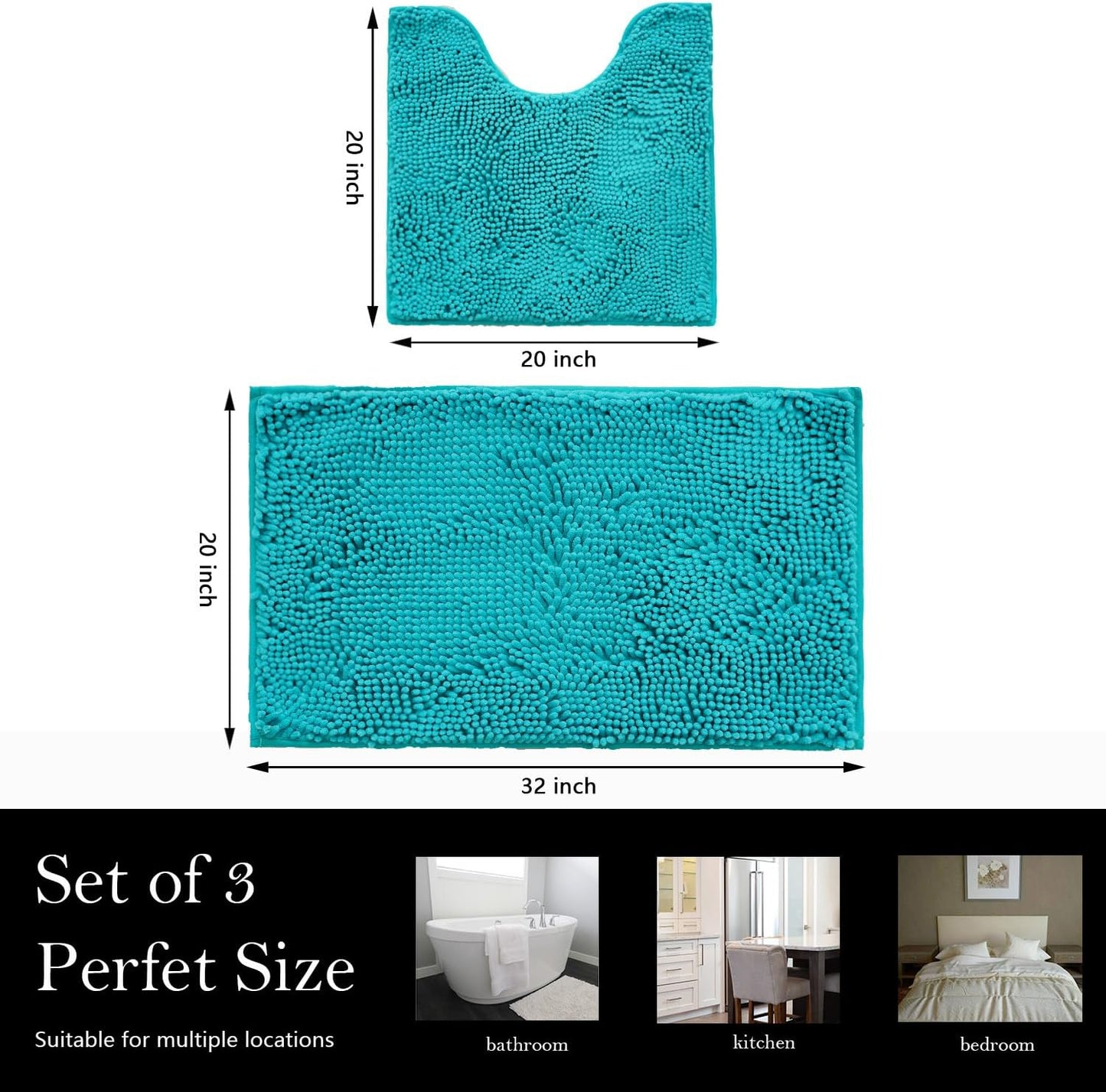 Dluxe Ave. 3 Pieces Bathroom Rugs Anti-Slip Chenille Bath Rug Super Absorbent Luxury Shaggy Bath Mats Set Perfect Plush Carpet for Tub Shower Bath RoomMachine Washable (Turquoise)