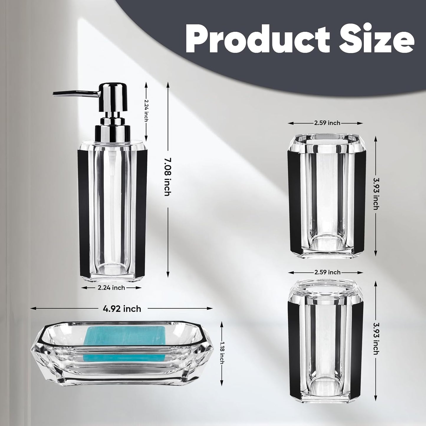 Dluxe Ave. 4-Piece Premium Acrylic Bathroom Accessory Set-Hand Sanitizer Bottle Lotion Can Bathroom Suit (Brushed Black)
