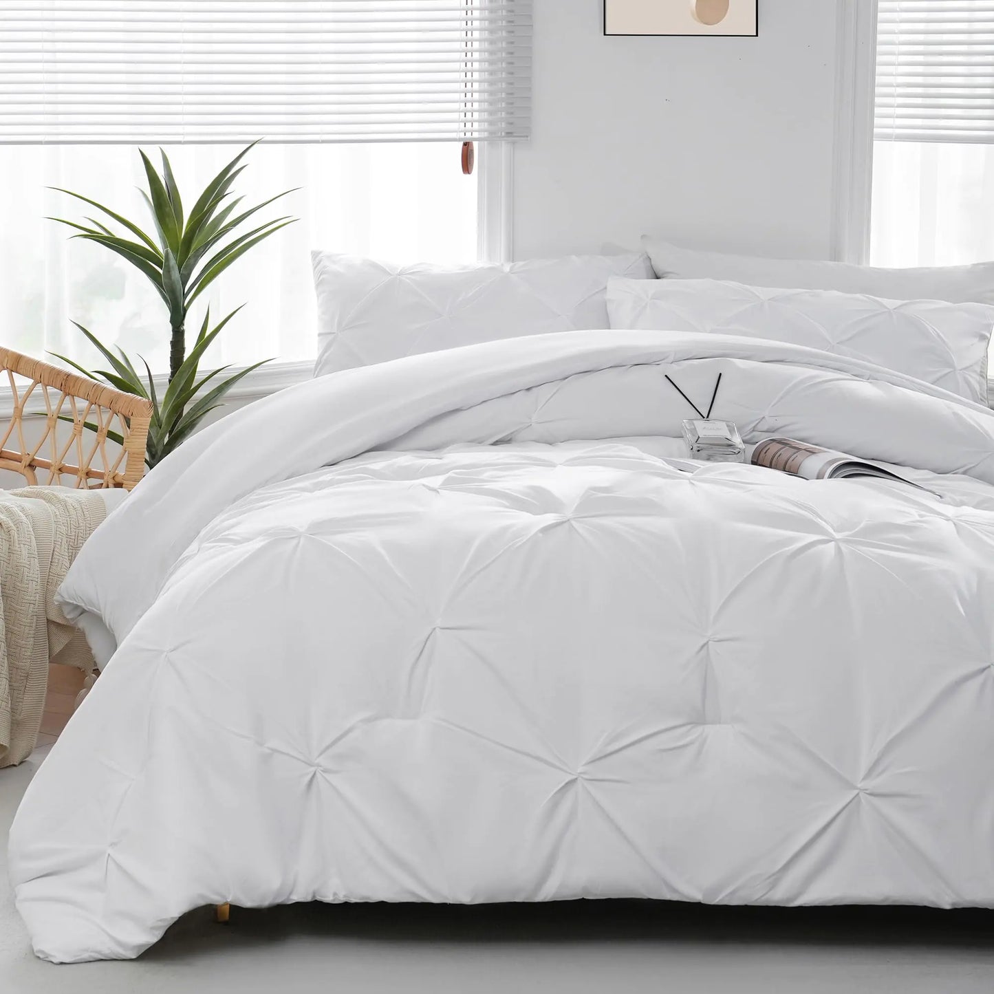 Dluxe Ave. DOWNCOOL King Size Comforter Set - White Comforter King Size 3-Piece Pintuck Bedding Comforter Sets with 1 Pinch Pleated Comforter and 2 Pillowcases Soft Fluffy King Bedding Set for All Season