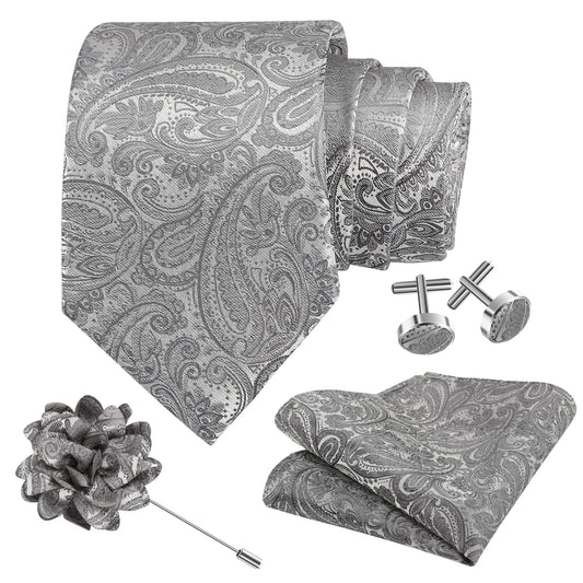 Dluxe Ave. Mens Grey Paisley Tie/ Necktie and Lapel Pin Woven Handkerchief Cufflinks Set/ Grey