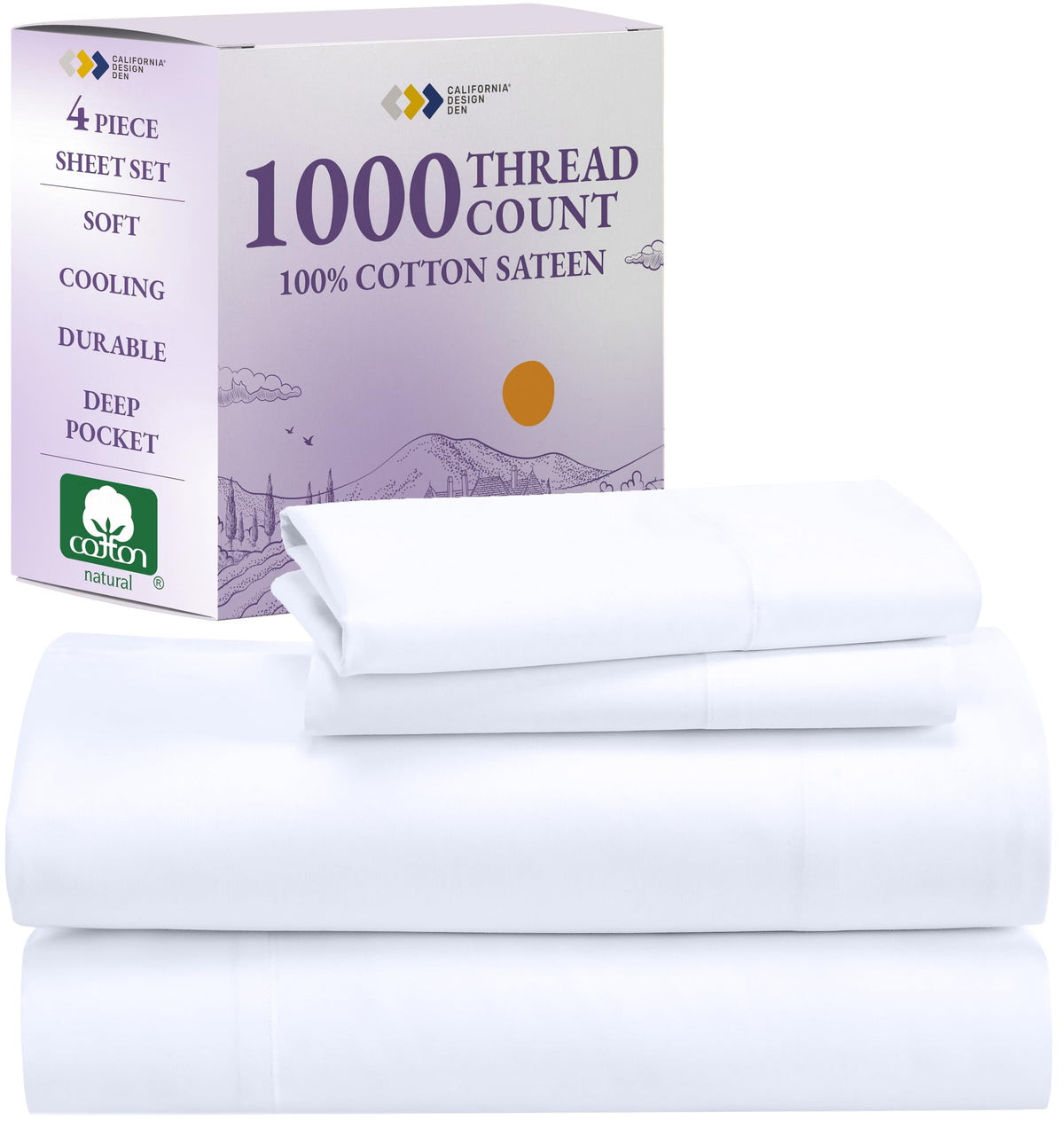 Dluxe Ave. (CALI./ KING) 4 Pcs 1000 Thread Count Cotton Sheets Set, Luxury 100% Egyptian Cotton/ White