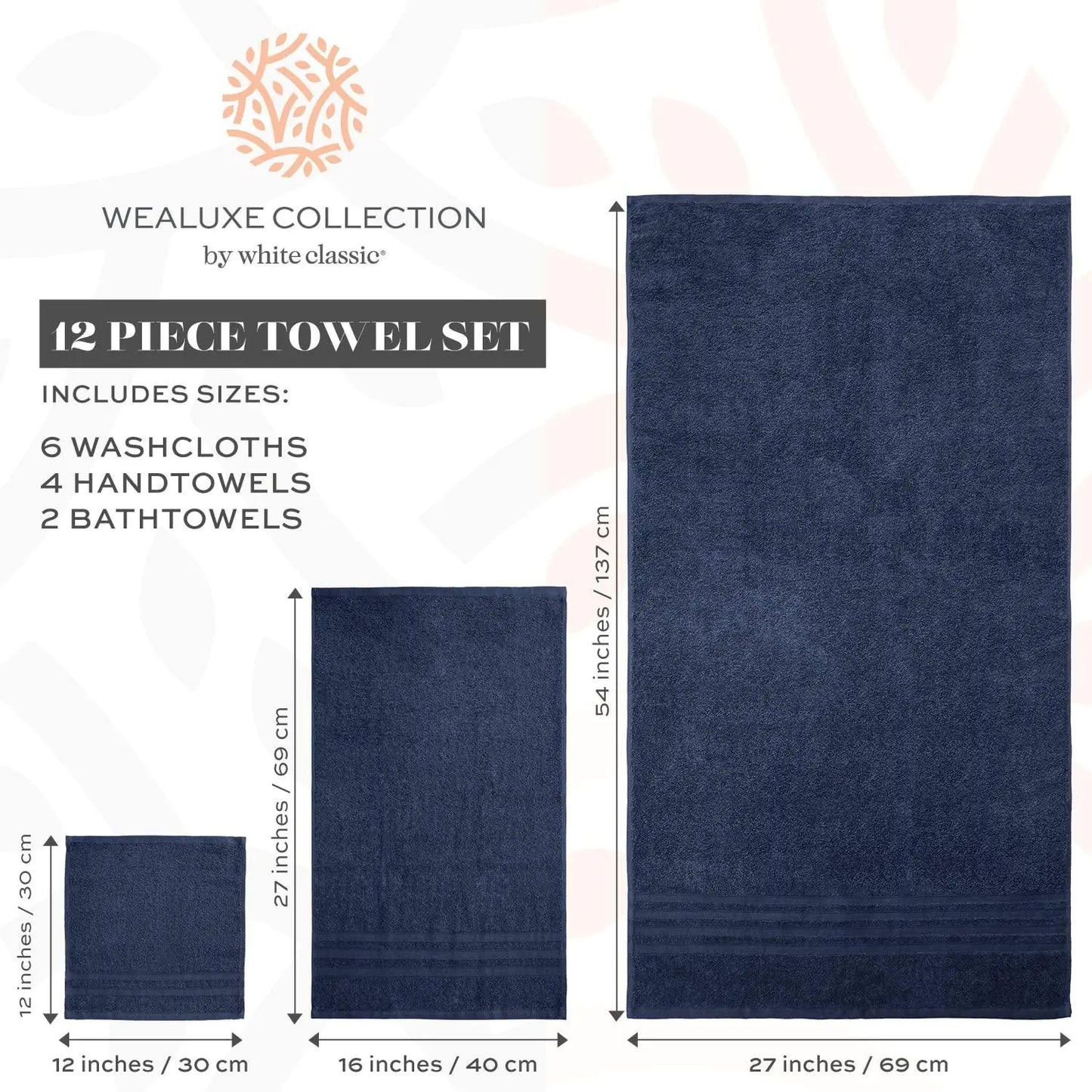 Dluxe Ave. 12 Pcs Bath Towel Set for Bathroom Wealuxe Collection 100% Cotton Soft Navy Blue
