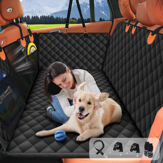 Dluxe Ave. Back Seat Extender for Dogs-Supports Waterproof Dog Car Seat Cover Hard Bottom-Detachable 600D Heavy Duty Scratch Proof Nonslip Soft Dog Hammock for Car SUV Truck (Holds 450lbs)