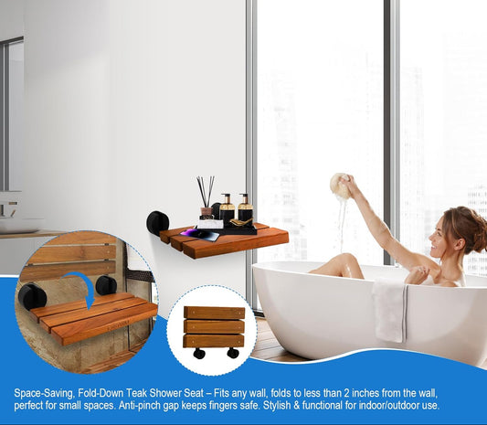 Dluxe Ave. Folding Teak Shower seat, Wall Mounted