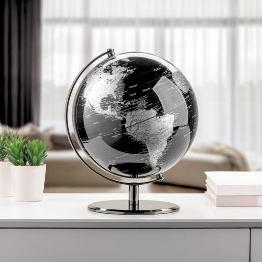 Dluxe Ave. Black Decorative Globe, 8" Rotating Earth Globe Decor on Stand, (Black Globe)
