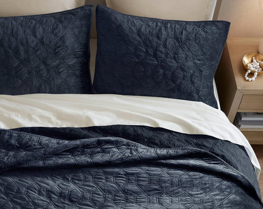 Dluxe Ave. ( FULL/ QUEEN ) 3 Pcs Quilt Set, Velvet Casual Geometric Stitching, All Season Lightweight, Navy 90x90