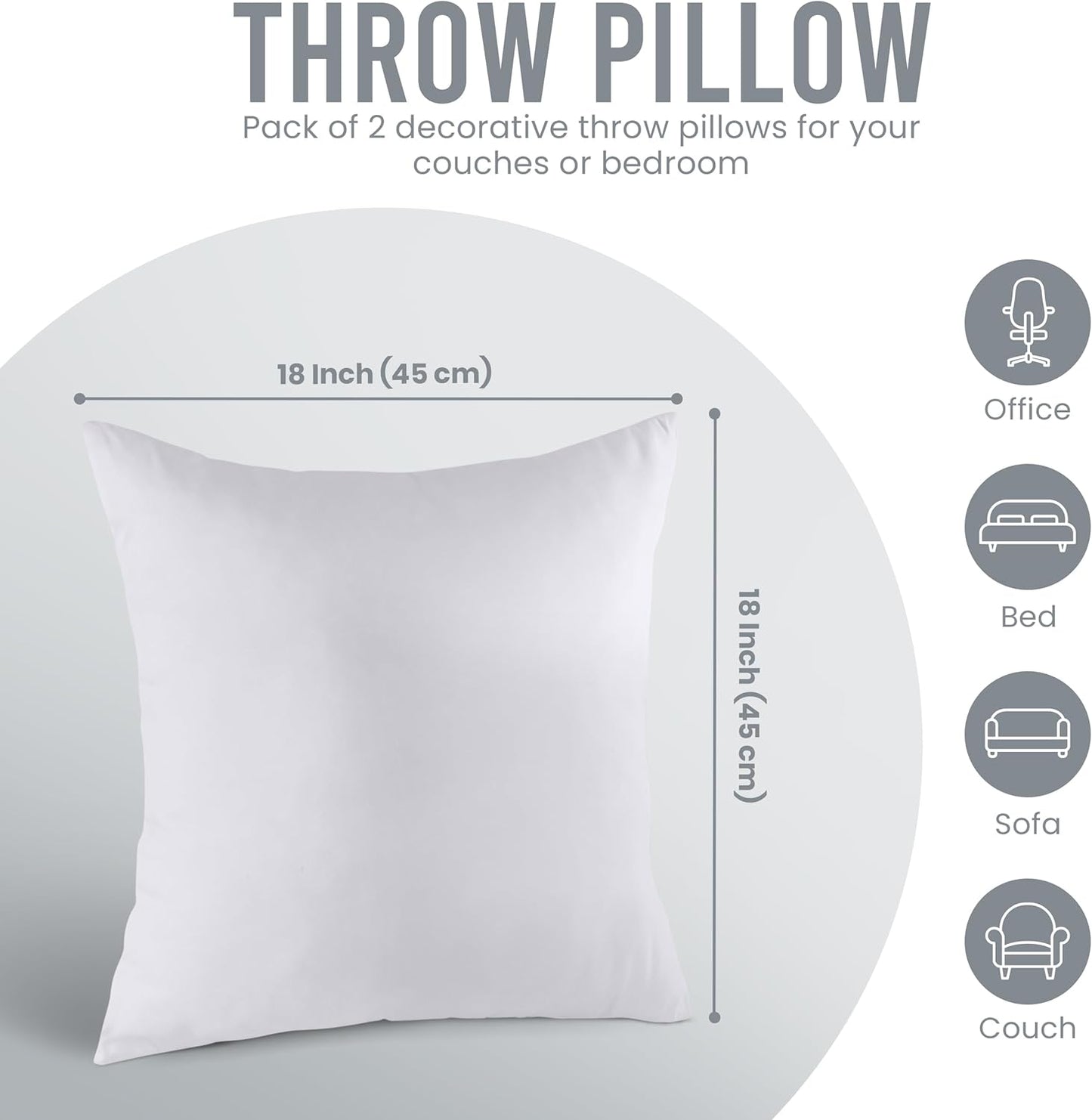 Dluxe Ave. Bedding Throw Pillows Insert/ Set of 2/ White 18 x 18 Inches