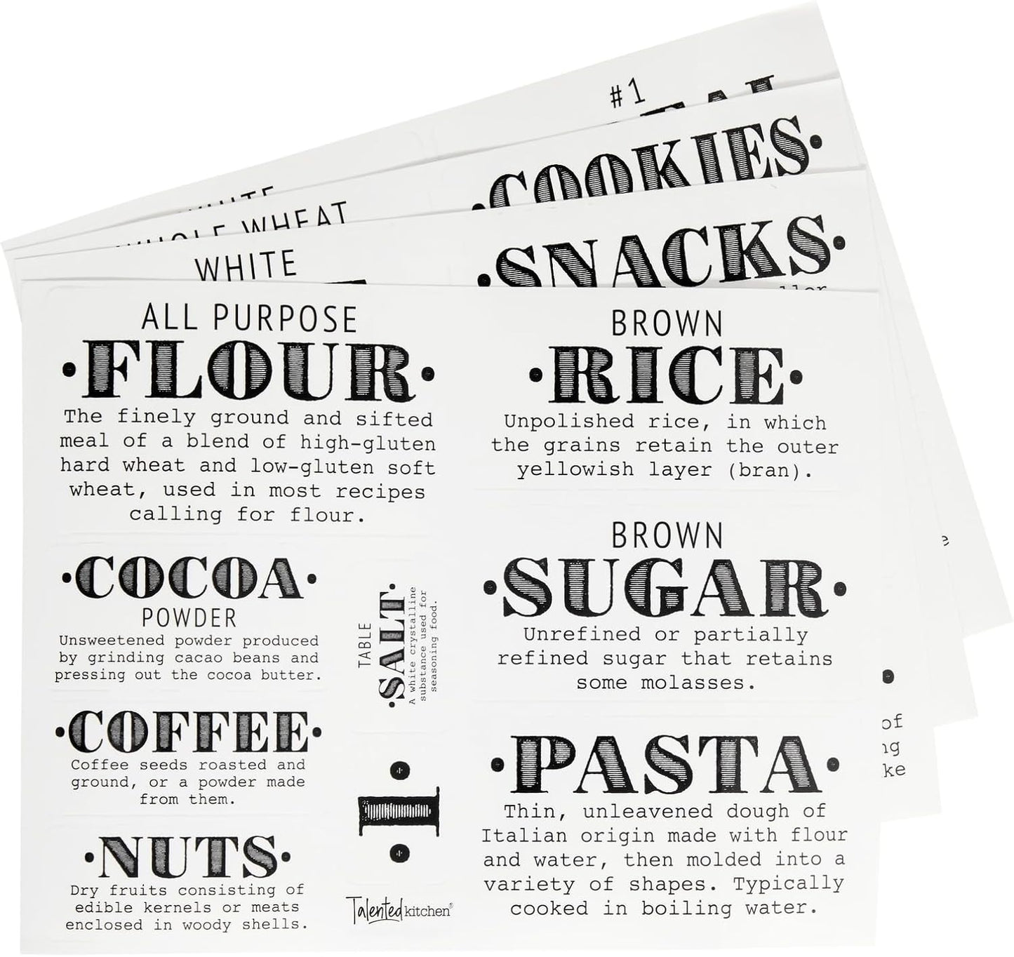 Dluxe Ave. Talented Kitchen 36 Preprinted Pantry Labels with Ingredient Definitions Clear Farmhouse Style Stickers for Food Jars Kitchen Organization and Storage (Water Resistant)