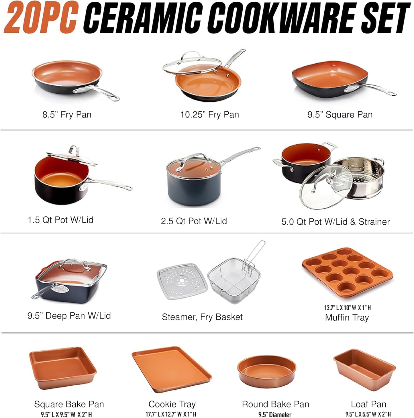 Dluxe Ave. 20 Pc Ceramic Pots and Pans Cookware Set (Copper)