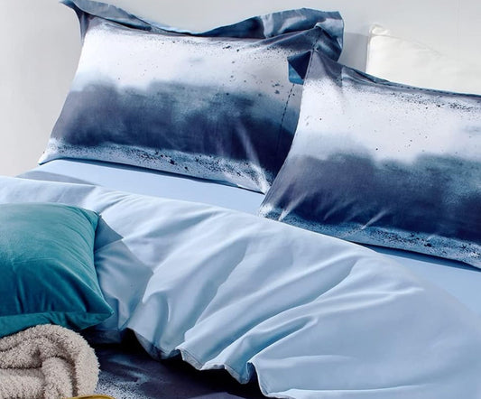 Dluxe Ave. ( KING ) 3 Pcs 100% Long-Staple Cotton {Duvet Cover} Set, Navy & White Striped Watercolor Pattern Printed Comforter Cover