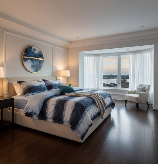 Dluxe Ave. (Cali. KING) 3 Pcs 100% Long-Staple Cotton {Duvet Cover} Set, Navy & White