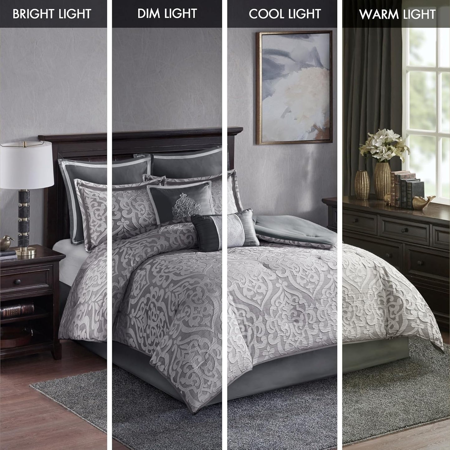 Dluxe Ave. ( KING ) 8 Pcs Cozy Comforter Set, Jacquard Damask Medallion Design for All Season (104 in x 92 in)/ Silver
