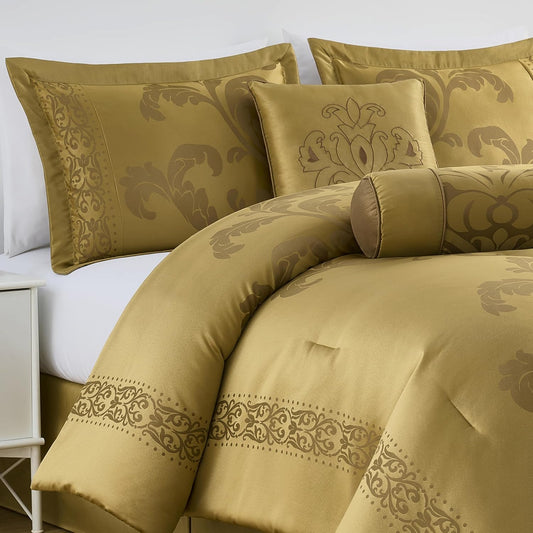 Out of Stock Dluxe Ave. ( FULL) 7-Piece Jacquard Floral Comforter Set / Gold