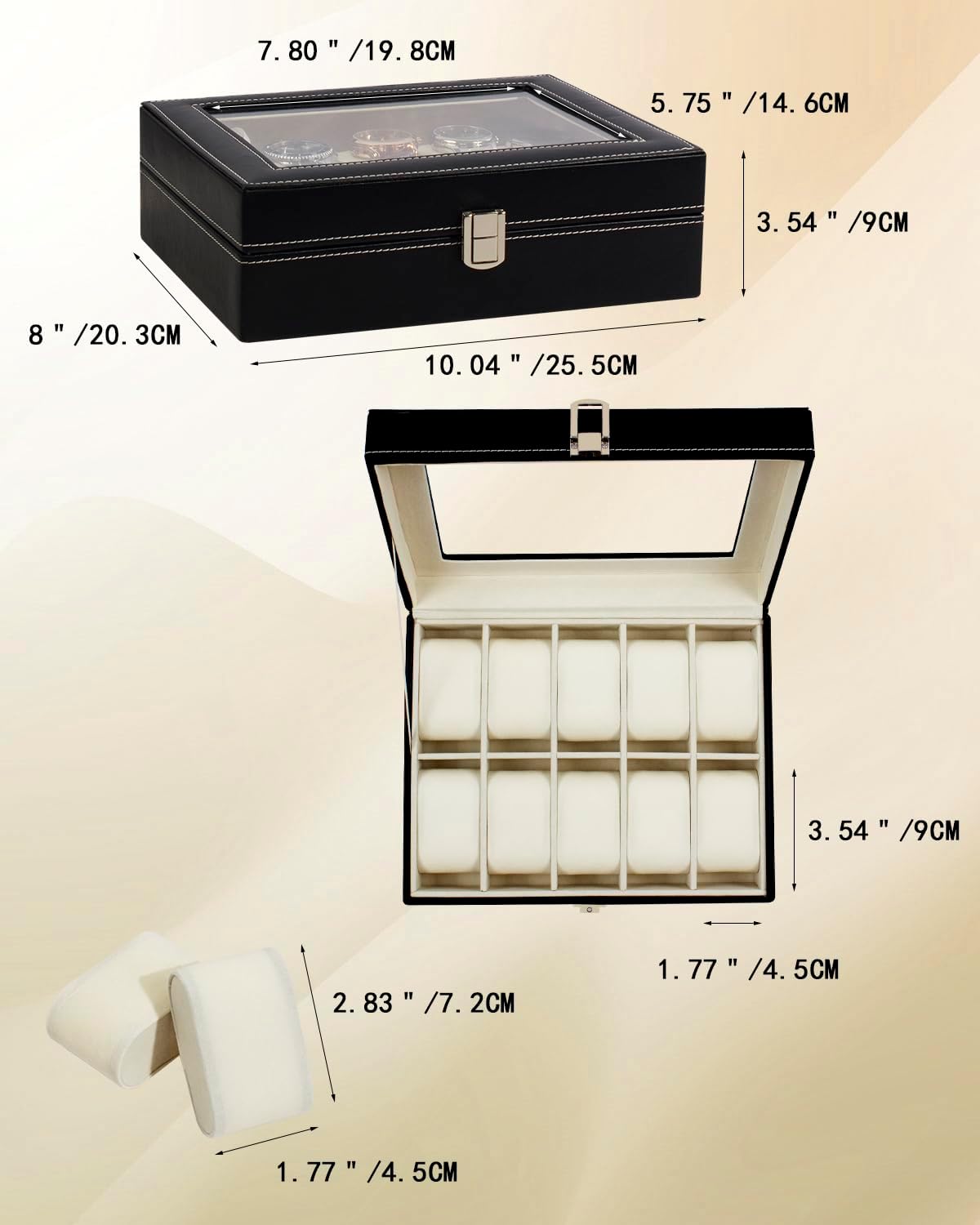 Dluxe Ave. 10 Slot Real Glass Lid Watch Display Case with PU Leather/ Black