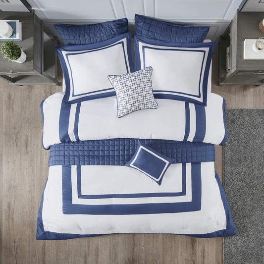 Dluxe Ave. ( CALI./ KING ) 8 Pcs Comforter Quilt Combo Set/ Modern Luxury Design All Season/ Down Alternative/ Navy