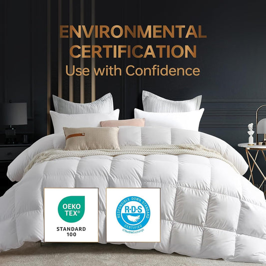 Dluxe Ave. ( CALI./ KING ) Goose Down Comforter Oversized, 100% Cotton Shell Quilt Ideal for Ideal for Summer & Winter750, Fill Power 80oz Fill Weight/ White