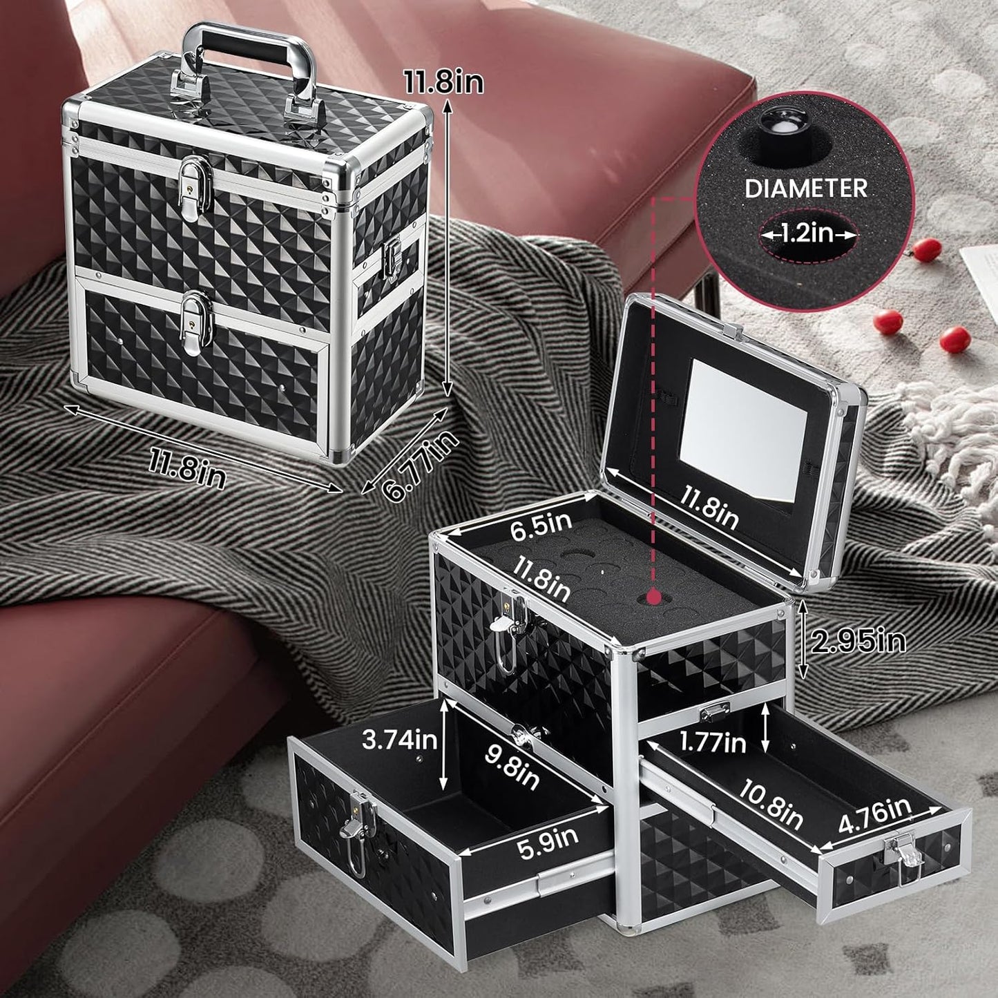 Dluxe Ave. Frenessa Nail Polish Makeup Train Case with Drawer and Dividers Accessory Storage Makeup Box With Mirror Lockable Keys - Black