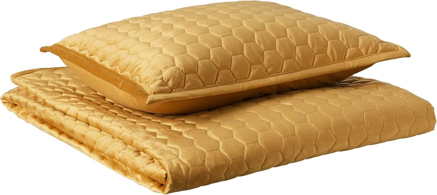 Dluxe Ave. ( QUEEN ) 3 Pcs Velvet Quilt Set, Three-Piece Honeycomb Stitch Bedding, Super Soft 260GSM Velvet/ Gold