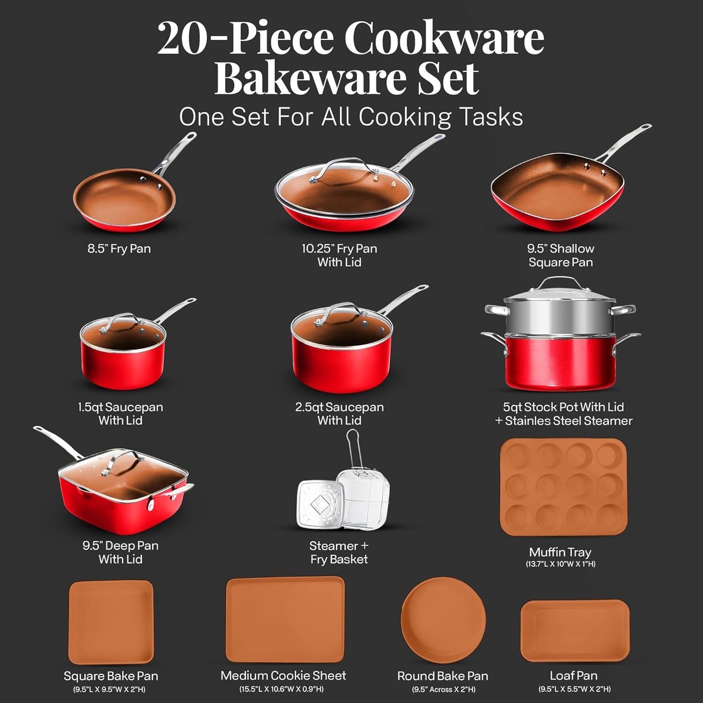 Dluxe Ave. Gotham Steel 20 Pc Pots and Pans Set Nonstick Cookware Red