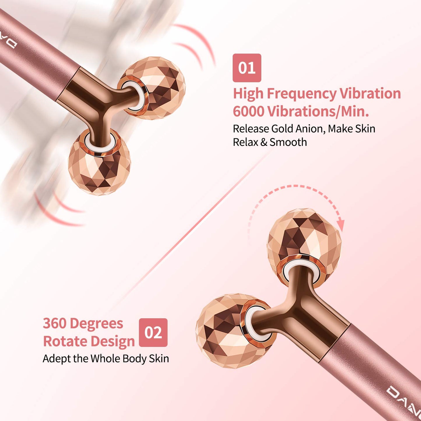 Dluxe Ave. 2-IN-1 Electric Face Massager Roller 24k Rose Gold Face Roller 3D Roller and Unique Crescent Shape Facial Roller Massager Kit Arm Eye Nose Massager Skin Care Tools
