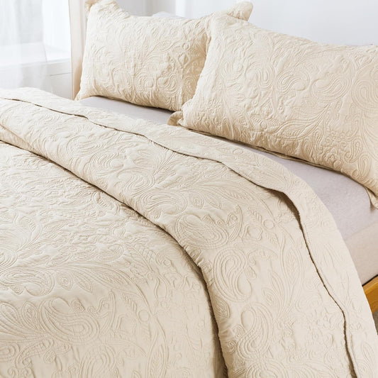 Dluxe Ave. ( KING ) 3 Pcs Quilt Set, Embroidered Microfiber Bedspread, Reversible Lightweight Paisley Pattern,/ Khaki
