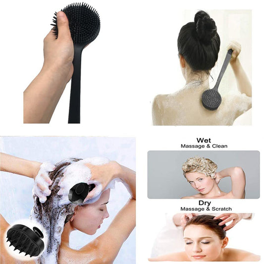 Dluxe Ave. Cinlitek Silicone Body Scrubber & Scalp Massager Long Handle Back Scrubber for Shower BrushExfoliating Body Scrubber Shower Scrubber for Body Brush Hair Dandruff Shampoo Brush for MenWomen&Kids