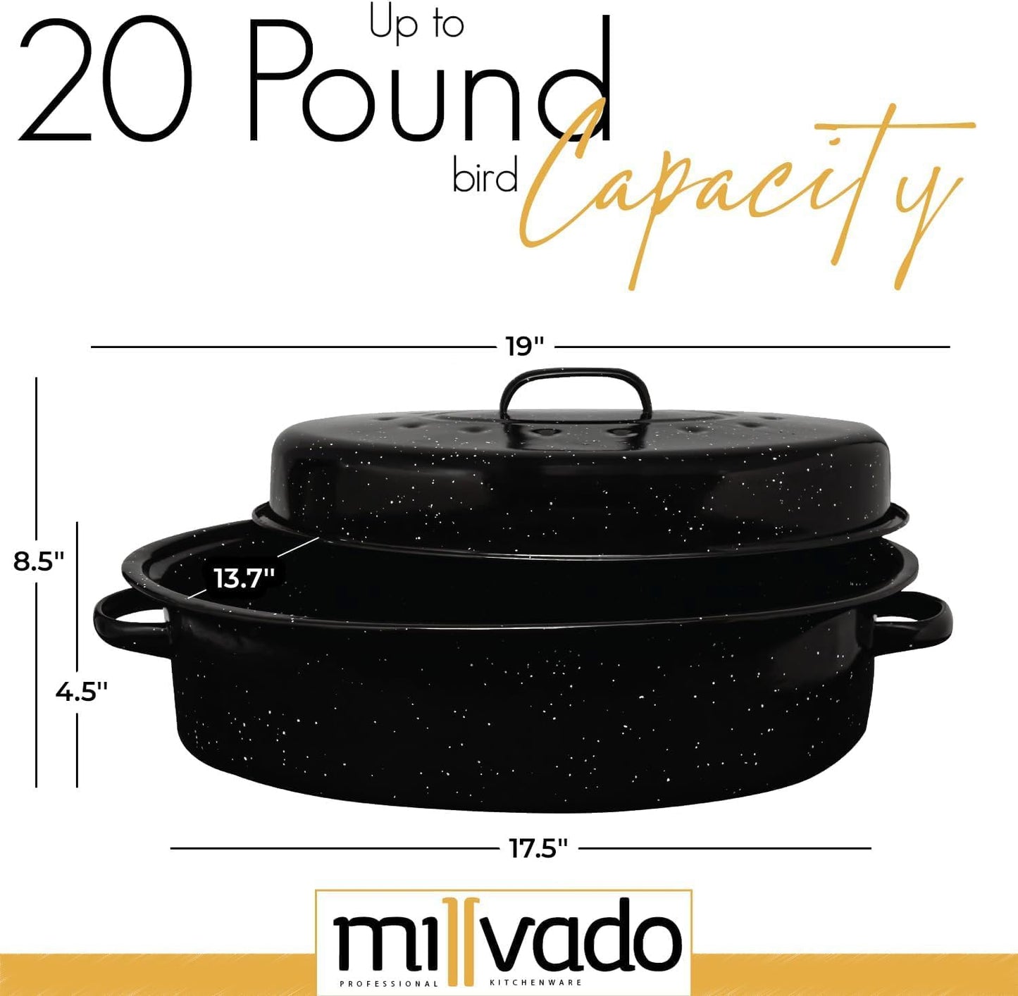 Dluxe Ave. Roasting Pan With Lid Turkey Roaster Pan Extra Large 20 lb Capacity 19" Granite Oven Steel Cookware