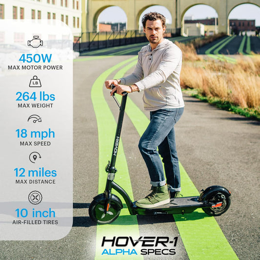 Dluxe Ave. Hover-1 Alpha Foldable Electric Scooter with 450W Brushless Motor 18 mph Max Speed 10” Air-Filled Tires and 12 Mile Range