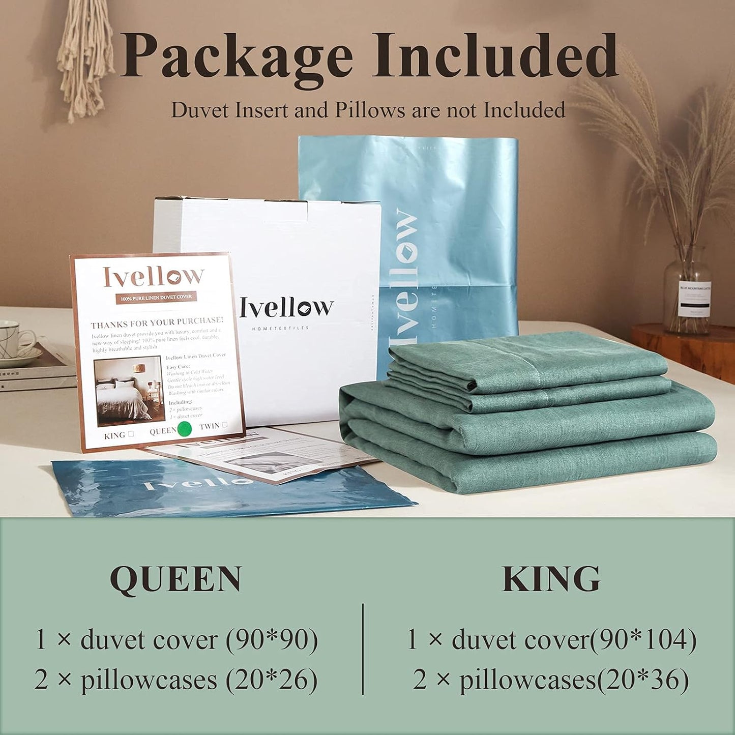 Dluxe Ave. ( QUEEN ) 3 Pcs Linen {Duvet Cover}, 100% Pure Washed French Flax Linen, Soft Breathable Moisture Wicking Cooling Linen, Green