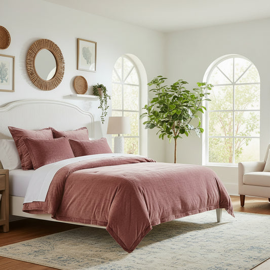 Dluxe Ave. (KING) 5 Pcs Distressed Velvet Comforter Set/ Dull Red