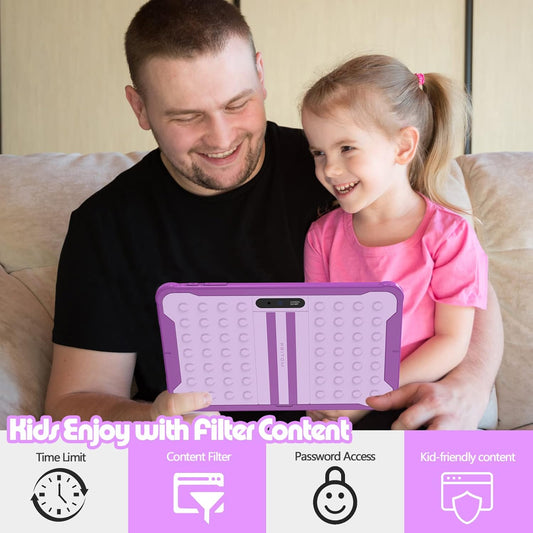 Dluxe Ave. PRITOM Android 13 10 inch Kids Tablet Parental Control 6000 mAh Quad Core Processor 2GB RAM 64GB ROM HD IPS Touch Screen Google Play YouTube Kids-Tablet Case (Purple)