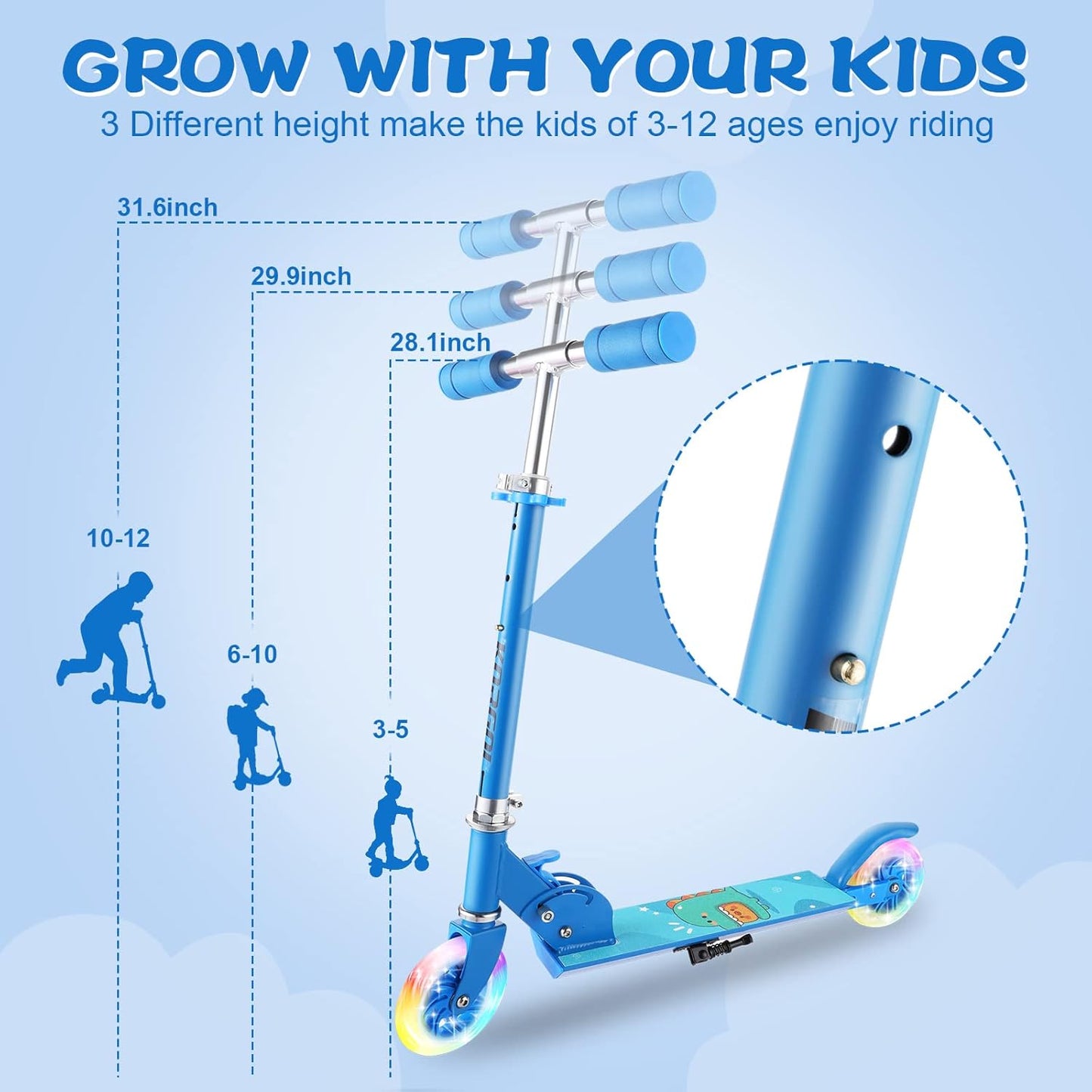 Dluxe Ave. Scooter for Kids Ages 3-10 - Kids Kick Scooters with Led Light Up Wheels & 3 Levels Adjustable Handlebar Lightweight Foldable 2 Wheel Blue Light Up Scooter Christmas Birthday Gifts for Girls Boys.