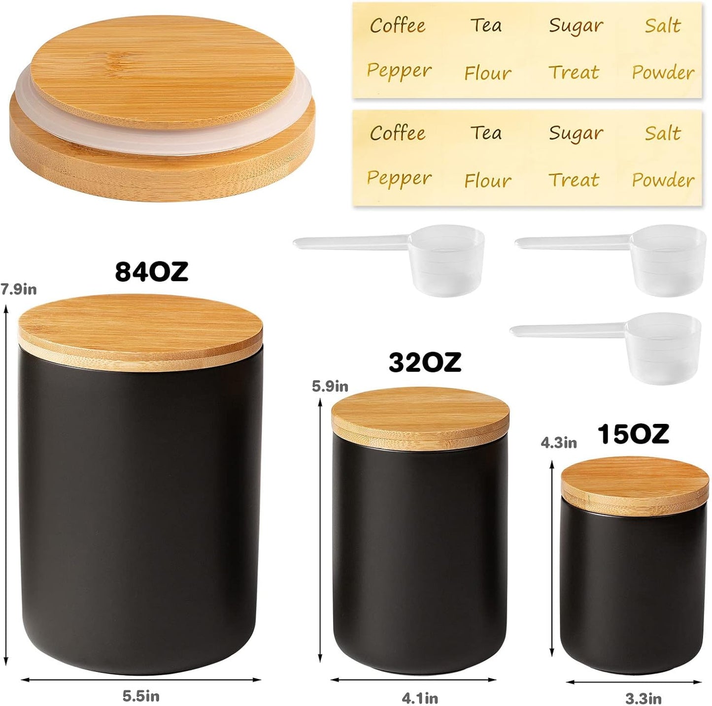 Dluxe Ave. Set of 3 Kitchen Canisters for Countertop with Airtight Wood Lids Ceramic (Black)