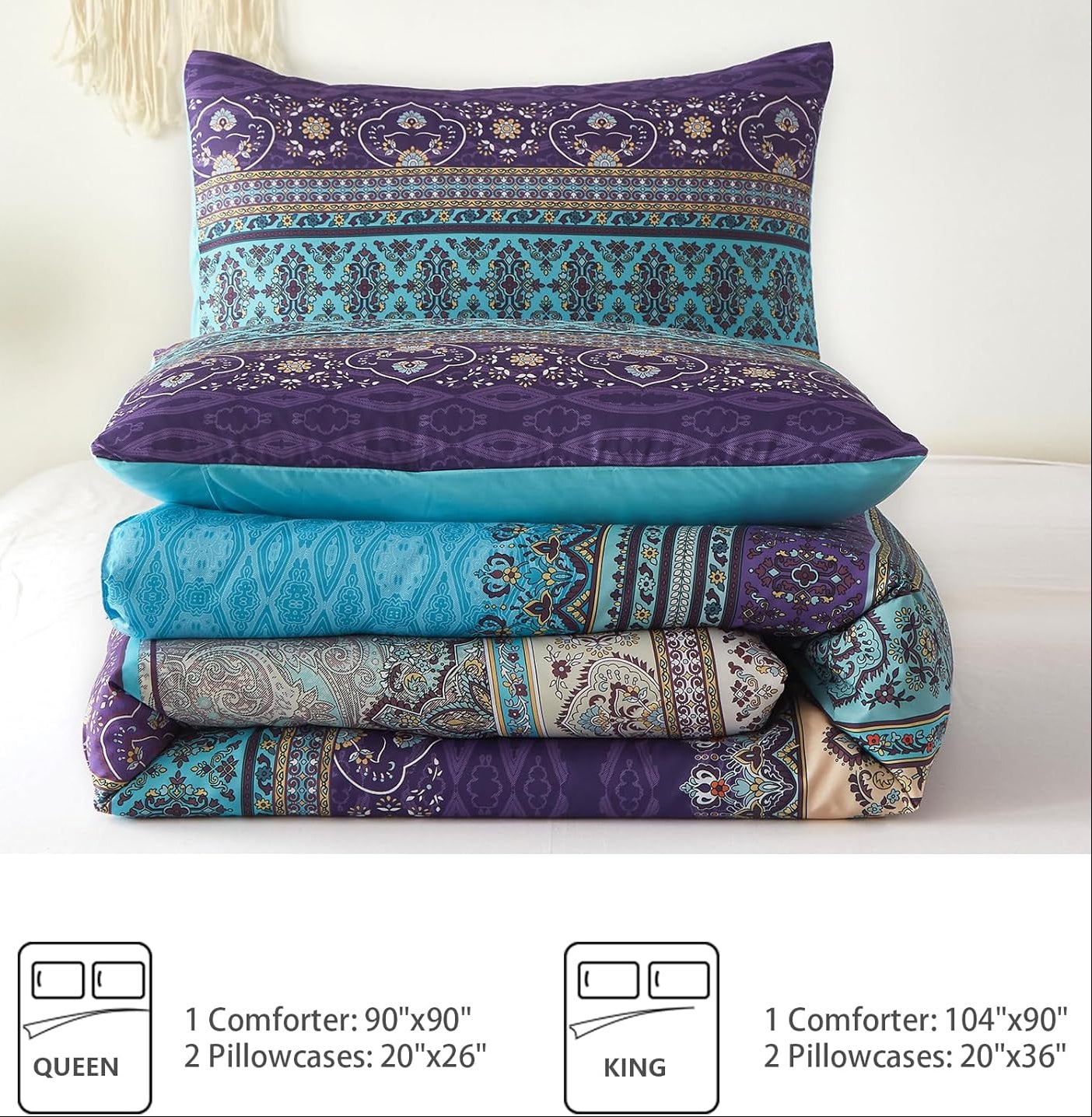 Dluxe Ave. (QUEEN) Comforter Set 3 Pieces Striped Bohemian Printed Set(Purple 90"x90")