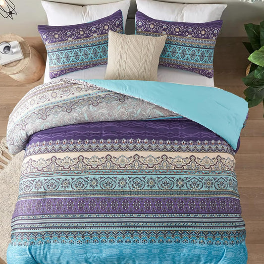 Dluxe Ave. (QUEEN) Comforter Set 3 Pieces Striped Bohemian Printed Set(Purple 90"x90")