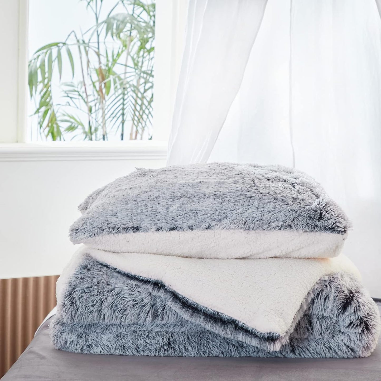 Dluxe Ave. ( KING ) 3 Pcs Luxury Faux Fur Shaggy Comforter Set/ Plush & Sherpa Reversible/ Grey with White