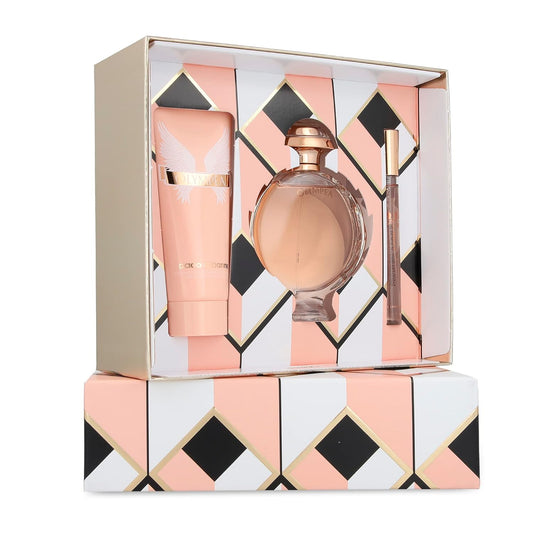 Dluxe Ave. Paco Rabanne Olympea 3-Piece Set for Women/ 2.7 Oz Eau De Parfum Spray/ 3.4 Oz Body Lotion/ 0.33 Oz Eau De Parfum Travel Spray)