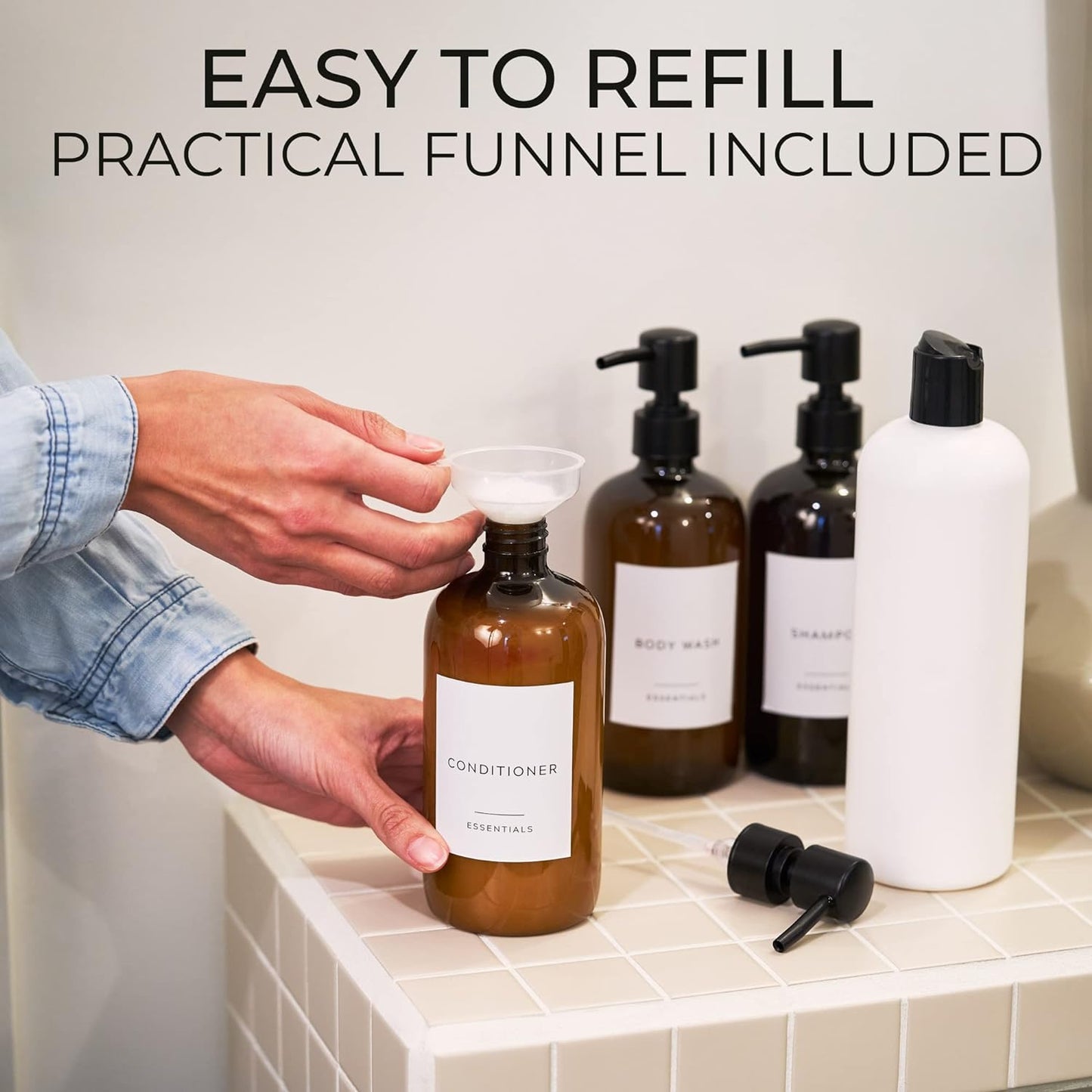 Dluxe Ave. Stylish Shampoo and Conditioner Dispenser Set of 3 - Modern 21oz Shower Soap PET Bottles with Pump and Labels - Easy to Refill Body Wash Dispensers for an Instant Bathroom Decor Upgrade
