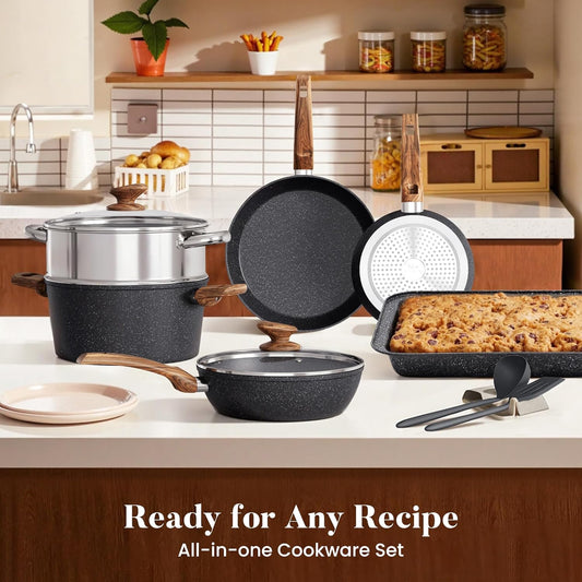 Dluxe Ave. Induction Cookware Set-17/ Piece Non-stick Cooking Pan Set Black Granite