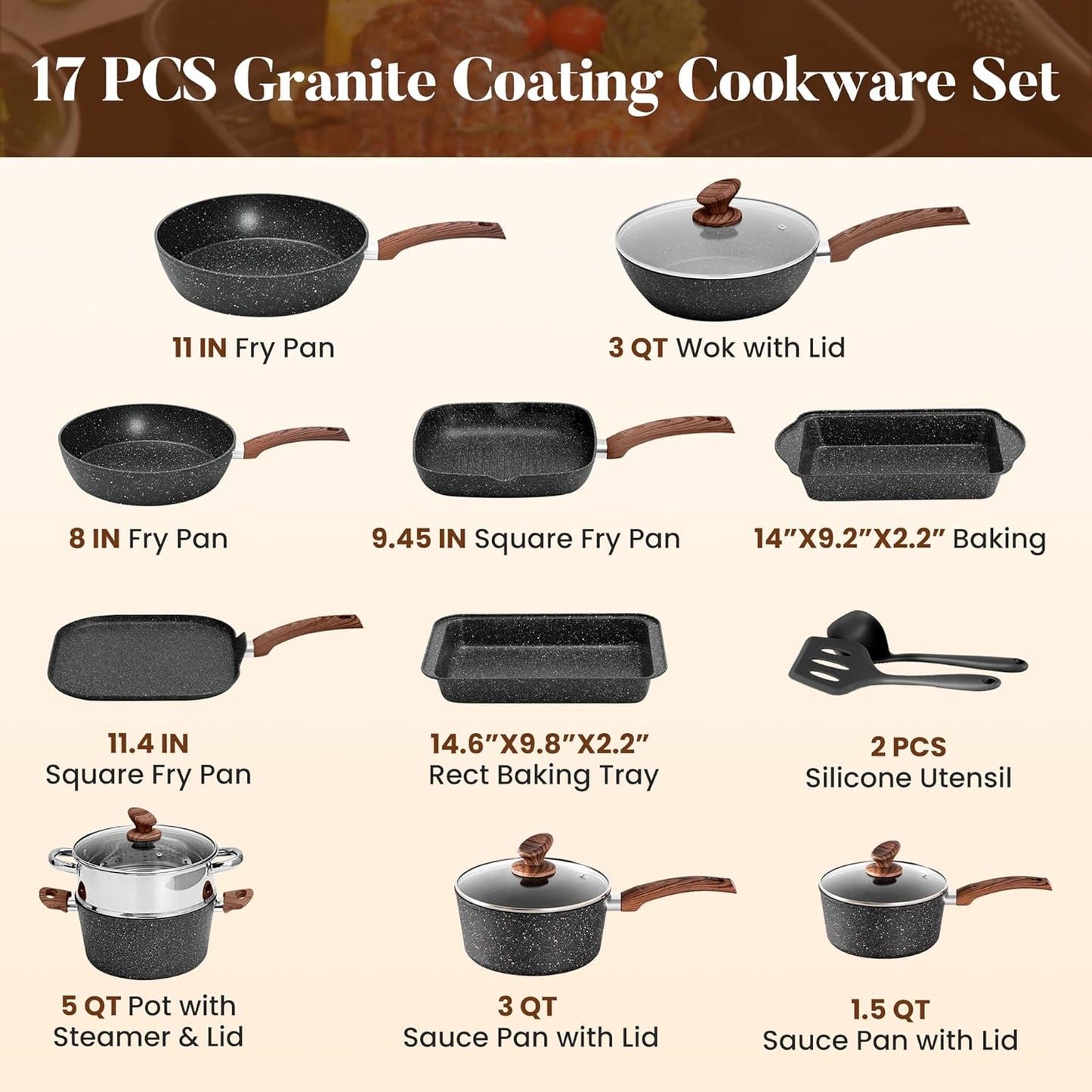Dluxe Ave. Induction Cookware Set-17/ Piece Non-stick Cooking Pan Set Black Granite
