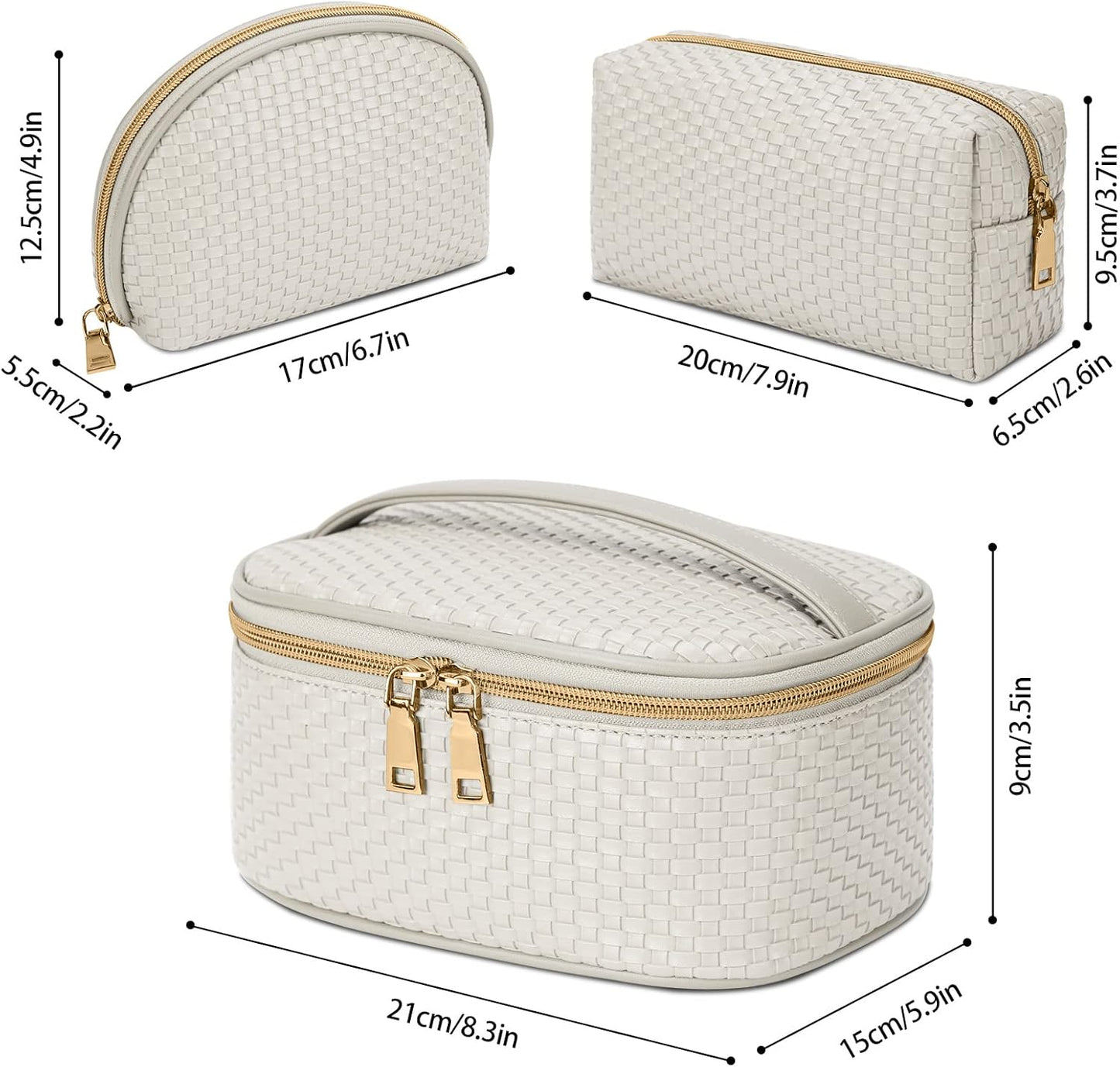 Dluxe Ave. KTMOUW Makeup Bag 3 Pcs Waterproof Cosmetic Bag Set Portable Travel Cosmetic Bag Multifunction Organizer Storage Bag Weave Toiletry Bag for Women Beige