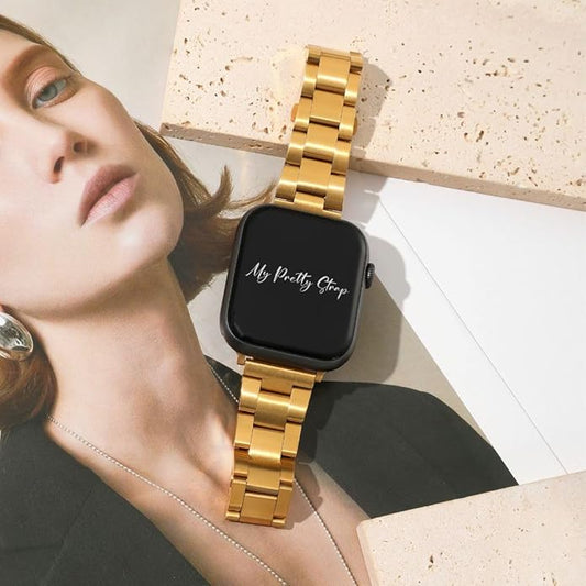 Dluxe Ave. My Pretty Strap Classic Vogue Band Compatible with Apple WATCH SE Series 9 8 7 6 5 4 3 2 1 42MM / 44MM / 45MM / 49MM Stainless Steel Metal Gold for Women