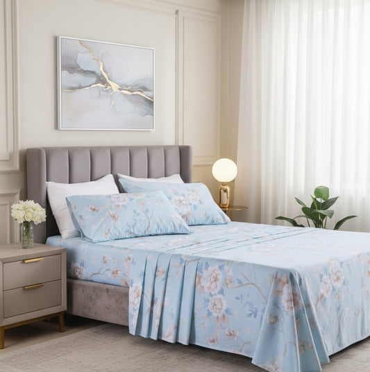 Dluxe Ave. (CALI./ KING) 4 Pcs 100% Egyptian Cotton Sheet Set, Deep Pocket, Blue Bird