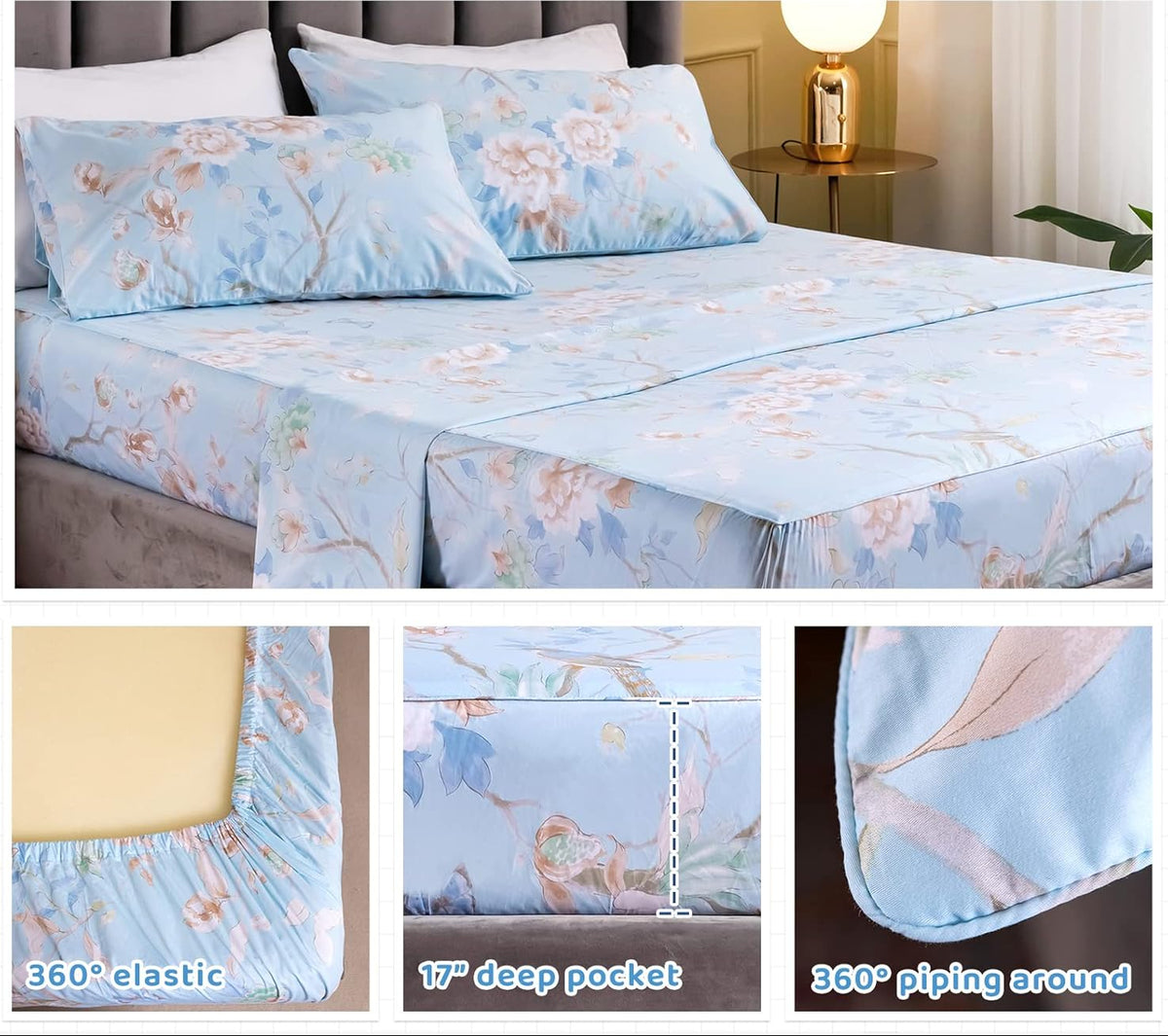 Dluxe Ave. (CALI./ KING) 4 Pcs 100% Egyptian Cotton Sheet Set, Deep Pocket, Blue Bird